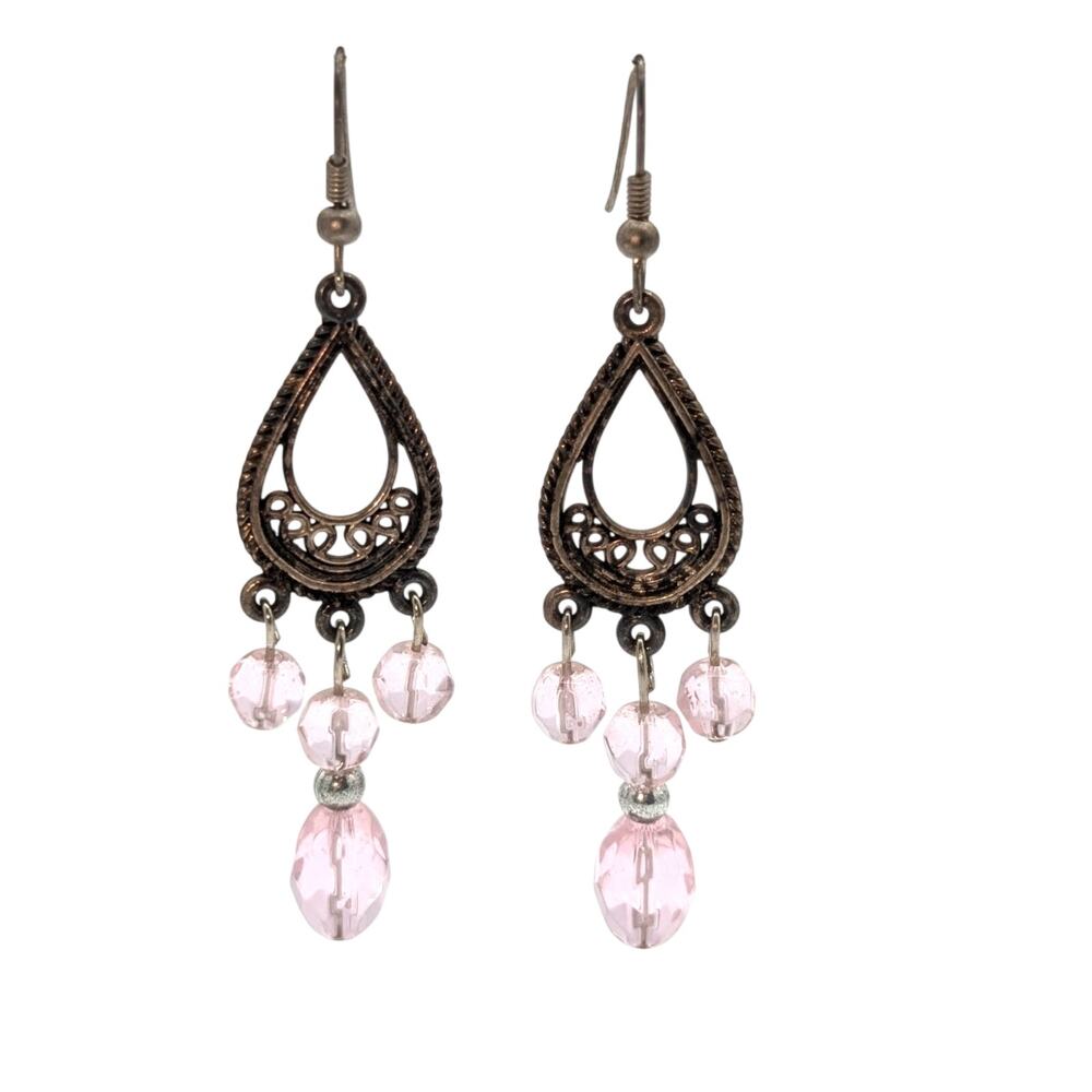 Antiqued Gold Tone Filigree Teardrop Pale Pink Crystal Dangle Earrings